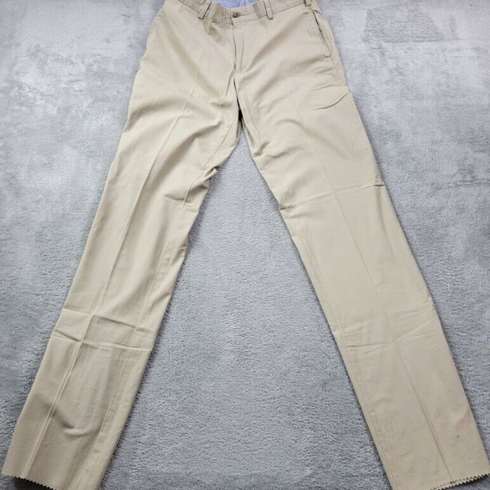 Franks Khaki Pants Mens 34 Tan Standard Fit Plain Flat Front Unhemmed Made USA